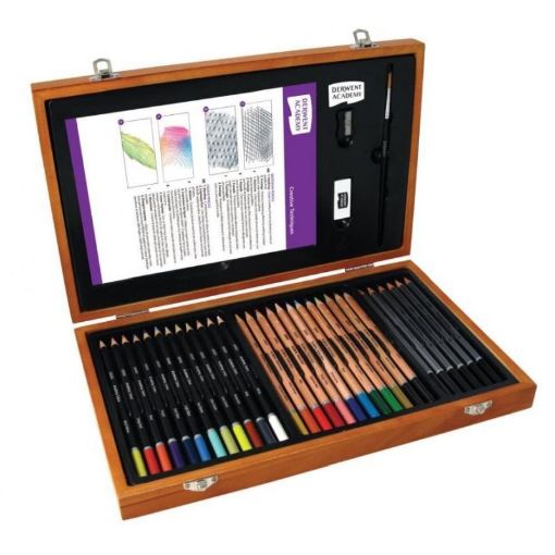Picture of Derwent Wooden Box Set with Colouring Pencils, Accessories & Pad