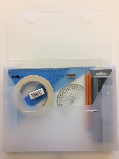 Picture of Strong Poly Box with 2 Part Compass, Tape & Helix Set Squares