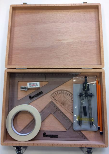 Picture of Wooden Box with Compass, Tape & SG Set Squares (0 at Edge)