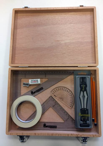 Picture of Wood Box with 2 Part Compass, Tape & SG Set Squares (0 at Edge)