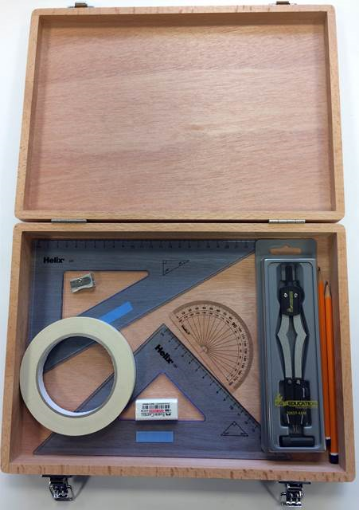 Picture of Wood Box with 2 Part Compass, Tape & Helix Set Squares