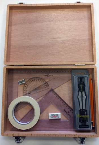 Picture of Wood Box with 2 Part Compass, Tape & Faber Set Squares