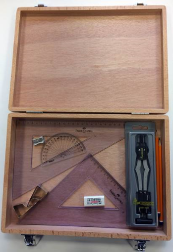 Picture of Wood Box with 2 Part Compass, Clips & Faber Set Squares