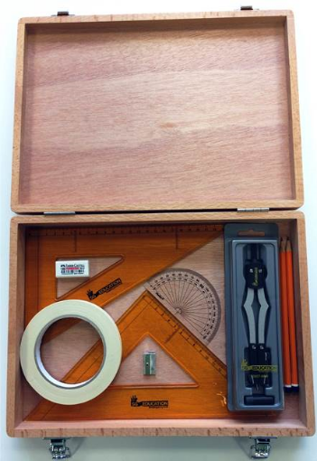 Picture of Wood Box with 2 Part Compass, Tape & SG Strong Set Squares
