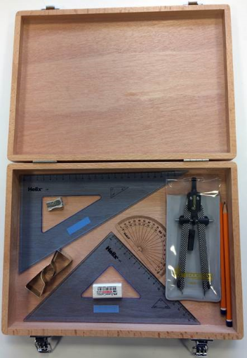 Picture of Wooden Box with Compass, Clips & Helix Set Squares