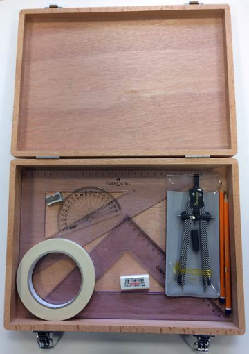 Picture of Wooden Box with Quick Release Compass, Tape & Faber Set Squares