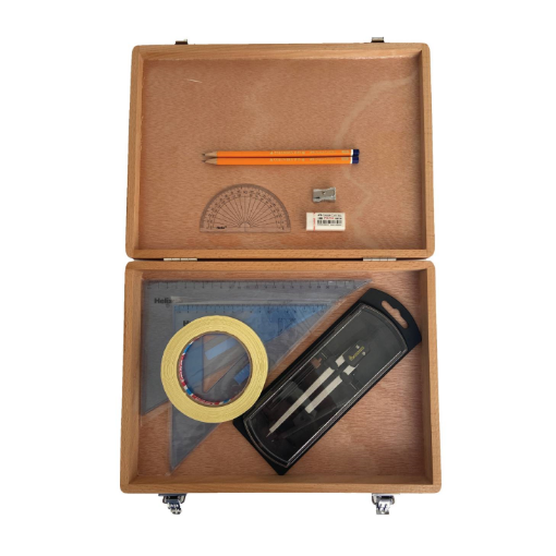 Picture of Wood Box with Clutch Compass, Tape & Helix Set Squares
