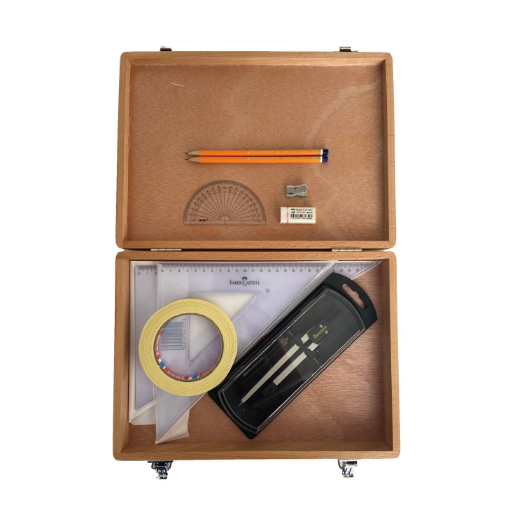 Picture of Wood Box with Clutch Compass, Tape & Faber Set Squares
