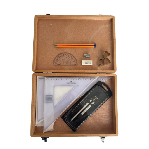 Picture of Wood Box with Clutch Compass, Clips & Faber Set Squares
