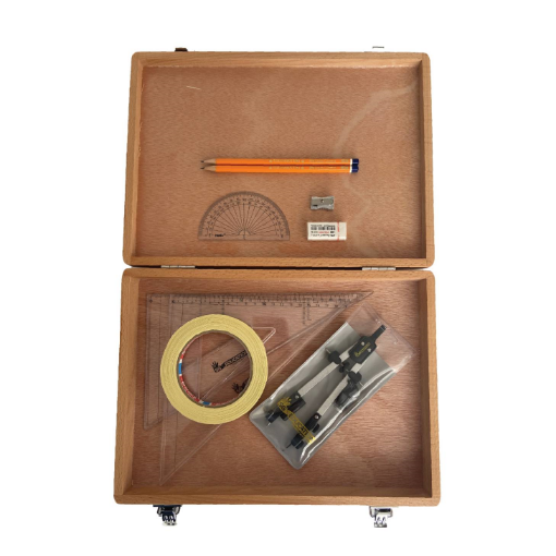 Picture of Wooden Box with Pen Holder Compass, Tape & SG Set Squares