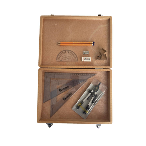 Picture of Wooden Box with Pen Holder Compass, Clips & Set Squares (0 at Edge)