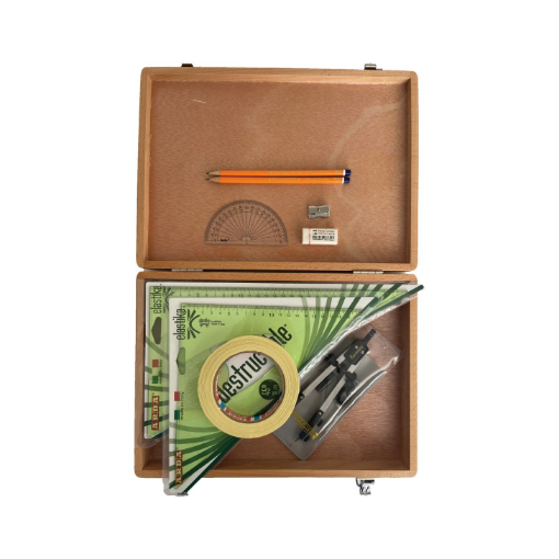 Picture of Wooden Box with Pen Holder Compass, Tape & Elastika Set Squares