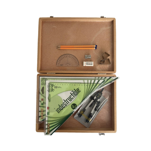 Picture of Wooden Box with Pen Holder Compass, Clips & Elastika Set Sqaures