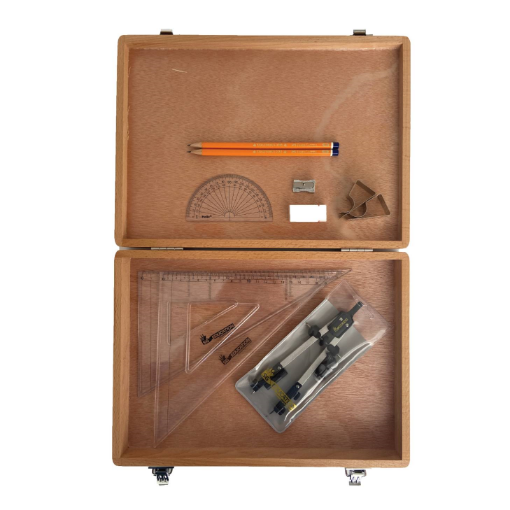 Picture of Wooden Box with Pen Holder Compass, Clips & SG Set Squares