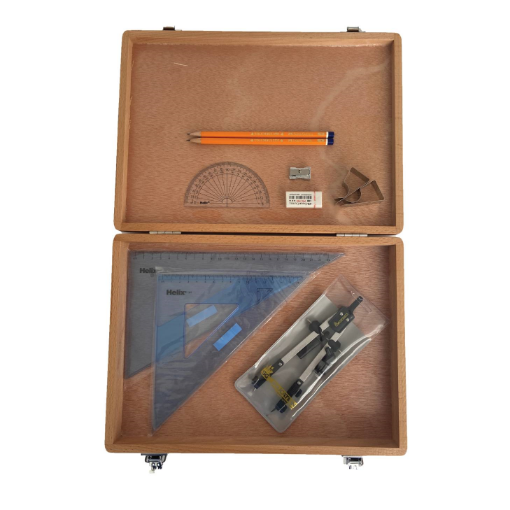 Picture of Wooden Box with Pen Holder Compass,Clips & Helix Set Squares
