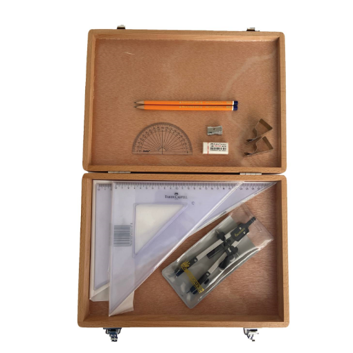 Picture of Wooden Box with Pen Holder Compass, Clips & Faber Set Squares