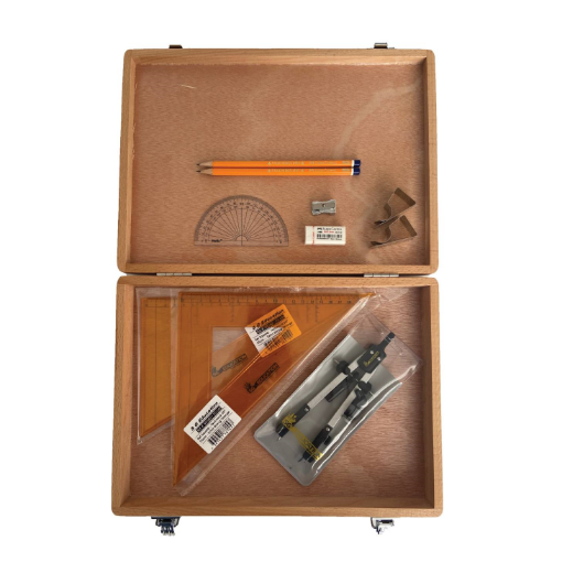 Picture of Wooden Box with Pen Holder Compass, Clips & SG Strong Set Squares