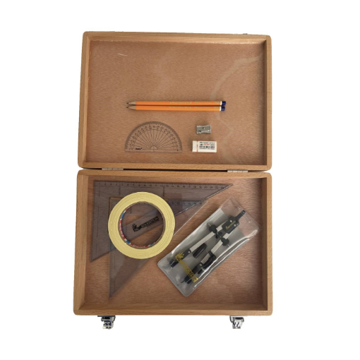 Picture of Wooden Box with Pen Holder Compass, Tape & Set Squares (0 at Edge)