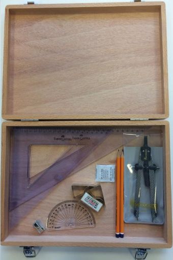 Picture of Wooden Box with Quick Release Compass, Clips & Faber Set Squares