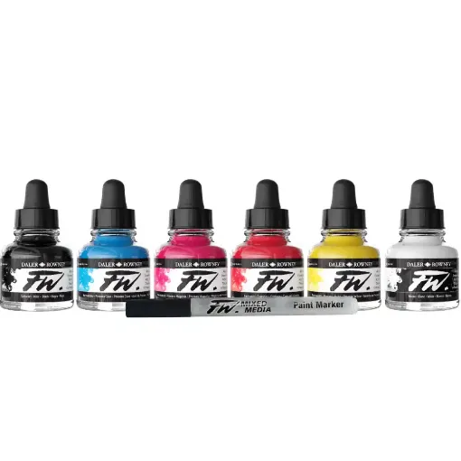 Picture of Daler Rowney FW Acrylic Ink Primary Set of 6 with Marker