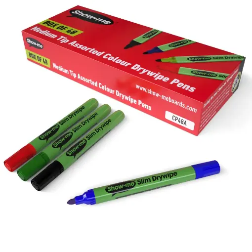 Picture of Show-me Slim Drywipe Pens Medium Tip Assorted Colours 48 Pack