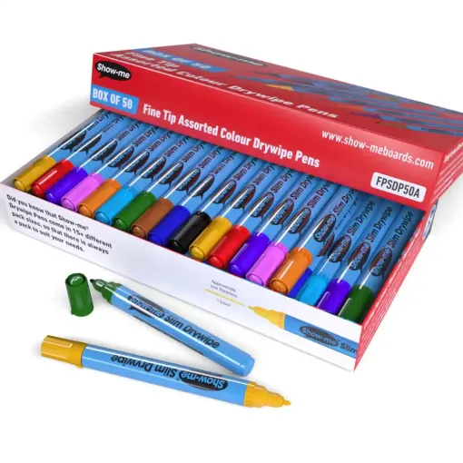 Picture of Show Me Slim Drywipe Pens Fine Tip Assorted Colours Pack of 50