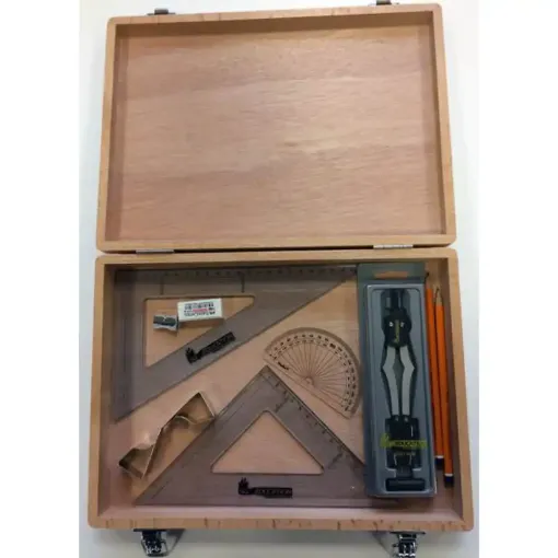 Picture of Wood Box with 2 Part Compass, Clips & SG Set Squares