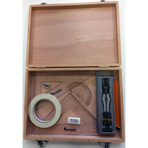 Picture of Wood Box with 2 Part Compass, Tape & SG Set Squares