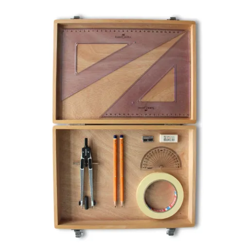 Picture of Wooden Box with Tape & Faber Castell Set Square