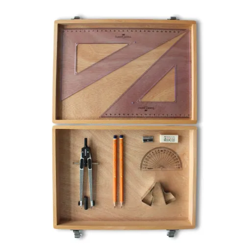 Picture of Wooden Box with Clips & Faber Castell Set Square