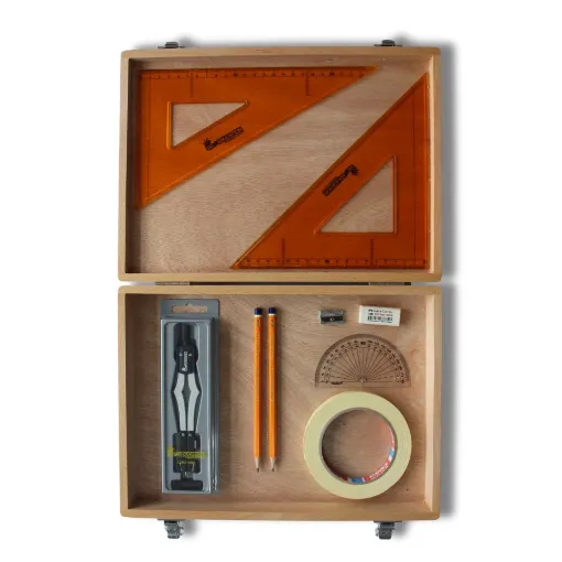 Picture of Wooden Box with 2 Part Compass, Tape & SG Strong Set Square
