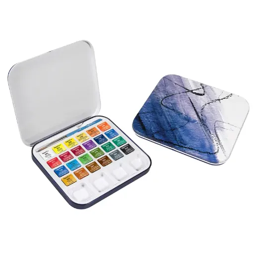 Picture of Daler Rowney Aquafine Travel Tin with Brush 24 Half Pans