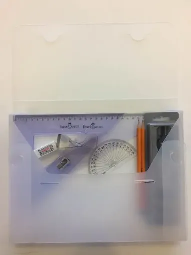 Picture of Strong Poly Box with 2 Part Compass, Clips & Faber Castell Set Square