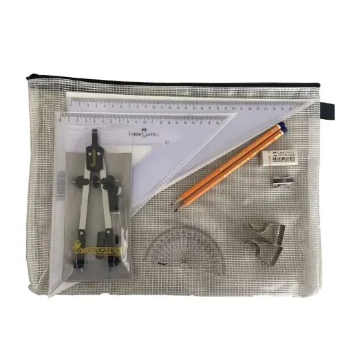 Picture of Pouch Bag with Pen Holder Compass, Clips & Faber Castell Set Square