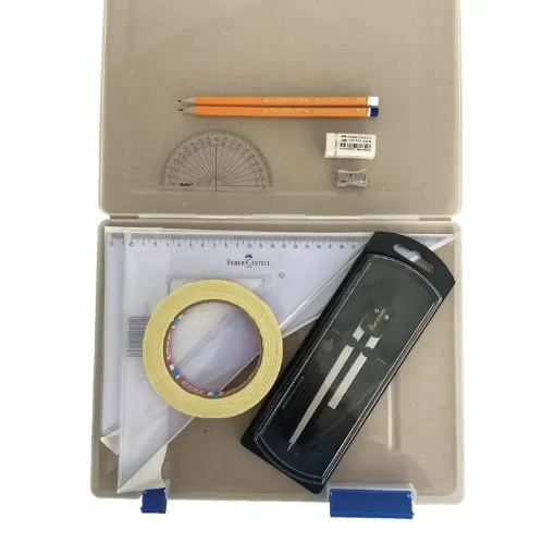 Picture of Tuff Box with Clutch Pencil Compass, Tape & Faber Castell Set Square