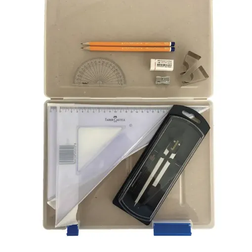 Picture of Tuff Box with Clutch Pencil Compass, Clips & Faber Castell Set Square