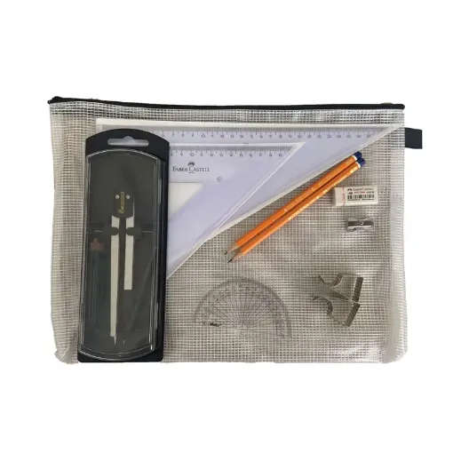 Picture of Pouch Bag with Clutch Pencil Compass, Clips & Faber Castell Set Square