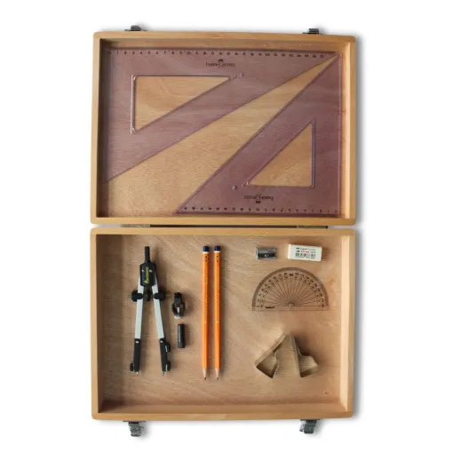 Picture of Wooden Box with Pen Holder Compass, Clips & Faber Castell Set Square