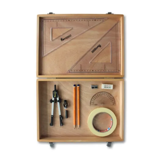 Picture of Wooden Box with Pen Holder Compass, Tape & SG Set Square