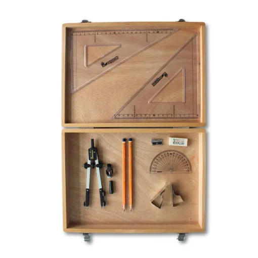 Picture of Wooden Box with Pen Holder Compass, Clips & SG Set Square