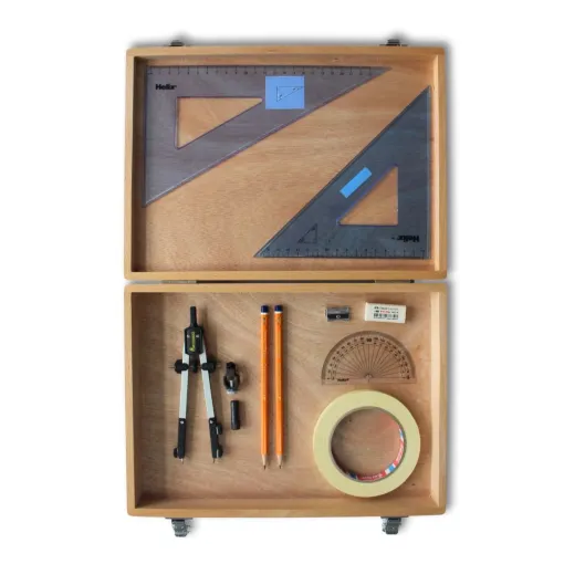 Picture of Wooden Box with Pen Holder Compass, Tape & Helix Set Square