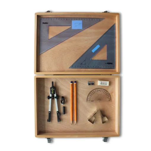 Picture of Wooden Box with Pen Holder Compass, Clips & Helix Set Square