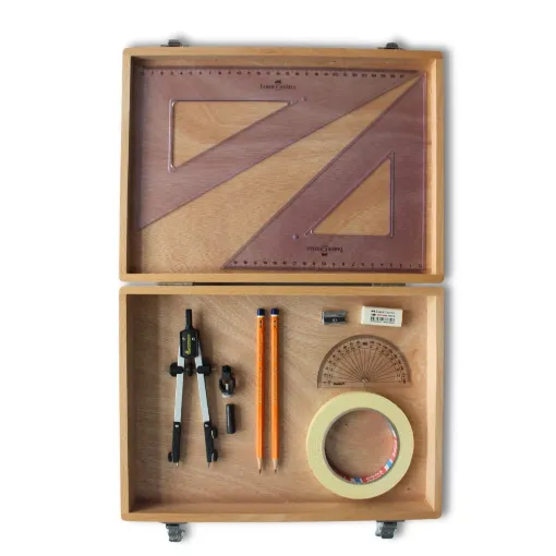 Picture of Wooden Box with Pen Holder Compass, Tape & Faber Castell Set Square