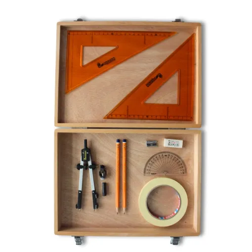 Picture of Wooden Box with Pen Holder Compass, Tape & SG Strong Set Square