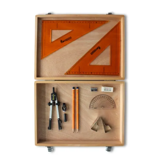 Picture of Wooden Box with Pen Holder Compass, Clips & SG Strong Set Square