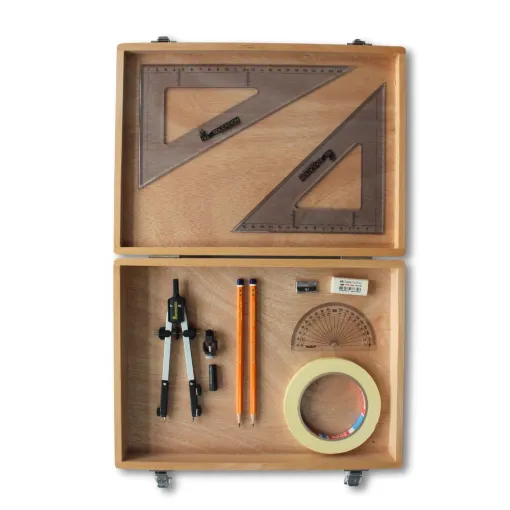 Picture of Wooden Box with Pen Holder Compass, Tape & SG Set Square (0 at Edge)