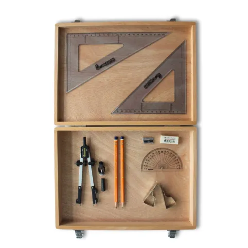 Picture of Wooden Box with Pen Holder Compass, Clips & Set Square Set Square (0 at Edge)