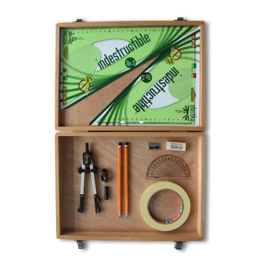 Picture of Wooden Box with Pen Holder Compass, Tape & Elastika Set Square