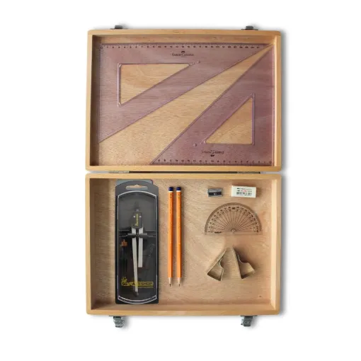 Picture of Wooden Box with Clutch Compass, Clips & Faber Castell Set Square