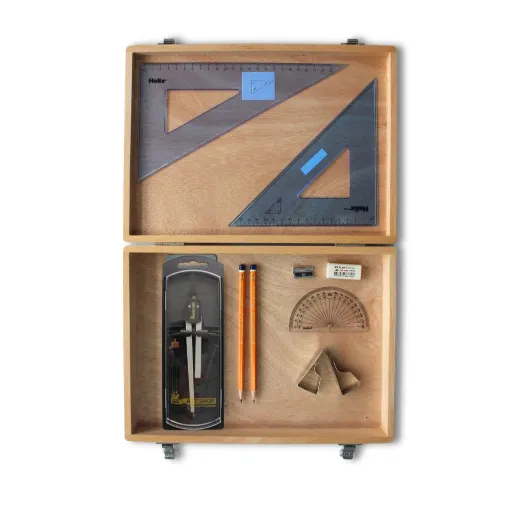 Picture of Wooden Box with Clutch Compass, Clips & Helix Set Square